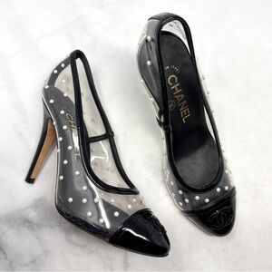 CHANEL Vintage CC Coco Mark Pearl Polka Dot Clear Transparent Pumps Heels 35.5
